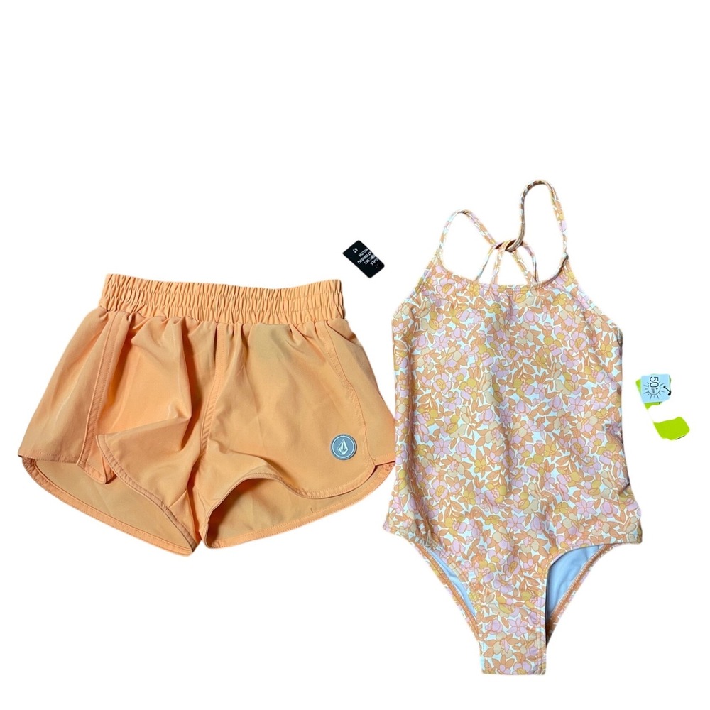 Volcom Girls 2PC Swim Set‎ Melon Orange Floral One Piece Suit and Shorts 4T NWT